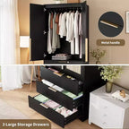 Armoire en rotin avec 3 tiroirs et 2 portes, armoire haute en bois pour suspendre les vêtements, meuble de rangement de chambre à coucher