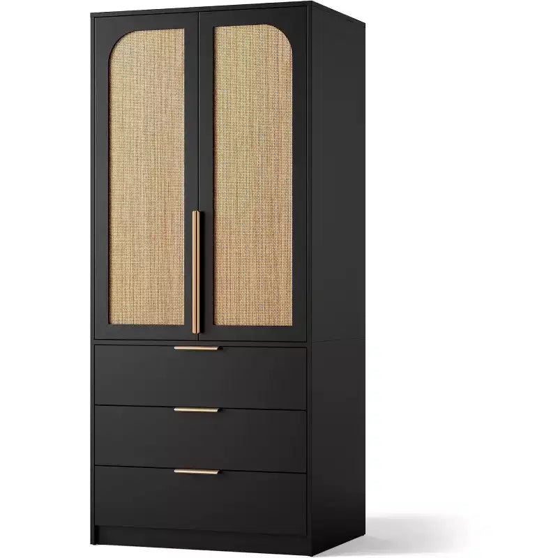 Armoire en rotin avec 3 tiroirs et 2 portes, armoire haute en bois pour suspendre les vêtements, meuble de rangement de chambre à coucher