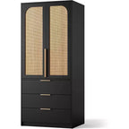 Armoire en rotin avec 3 tiroirs et 2 portes, armoire haute en bois pour suspendre les vêtements, meuble de rangement de chambre à coucher
