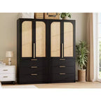 Rattan Armoire Wardrobe Closet with 3 Drawers & 2 Doors, Tall Wooden Wardrobe for Hanging Clothes, Bedroom Storage Cabinet