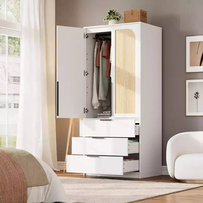 Armoire en rotin avec 3 tiroirs et 2 portes, armoire haute en bois pour suspendre les vêtements, meuble de rangement de chambre à coucher