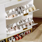 Meuble à chaussures cannelé, motif vague, 2 tiroirs abattants, organiseur fin avec poignées dorées, étagère de rangement pour entrée