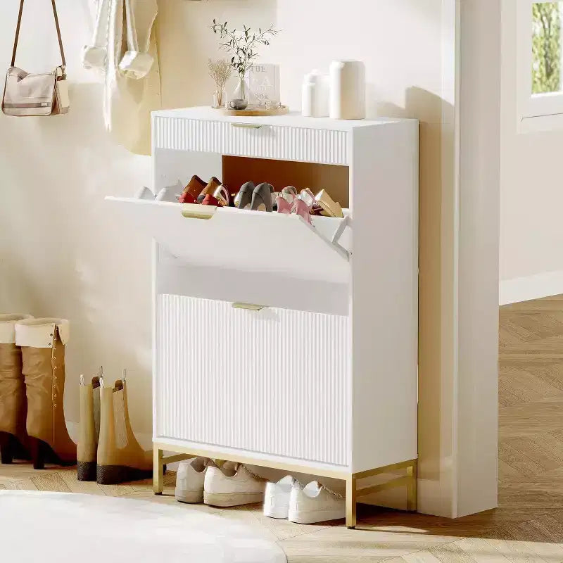 Meuble à chaussures cannelé, motif vague, 2 tiroirs abattants, organiseur fin avec poignées dorées, étagère de rangement pour entrée