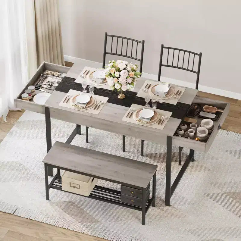 Ensemble Table de Salle à Manger pour 4, Petite Table de Cuisine et 2 Chaises pour 4 avec Banc, Ensemble Table de Cuisine Gain de Place avec Étagère de Rangement et Tiroirs