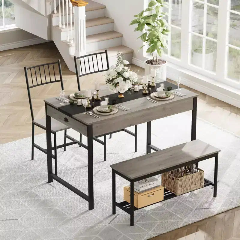 Ensemble Table de Salle à Manger pour 4, Petite Table de Cuisine et 2 Chaises pour 4 avec Banc, Ensemble Table de Cuisine Gain de Place avec Étagère de Rangement et Tiroirs