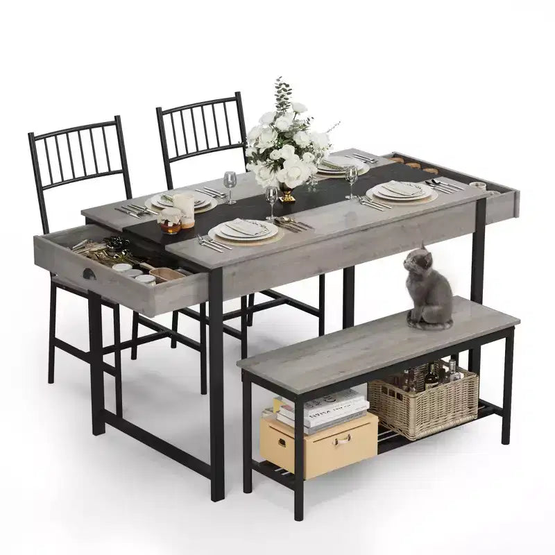 Ensemble Table de Salle à Manger pour 4, Petite Table de Cuisine et 2 Chaises pour 4 avec Banc, Ensemble Table de Cuisine Gain de Place avec Étagère de Rangement et Tiroirs