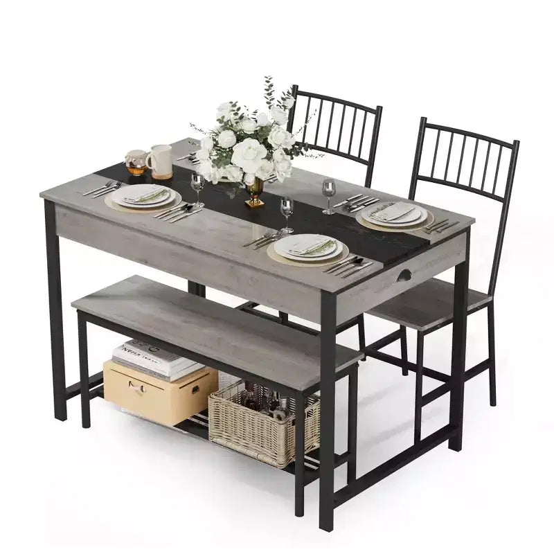 Ensemble Table de Salle à Manger pour 4, Petite Table de Cuisine et 2 Chaises pour 4 avec Banc, Ensemble Table de Cuisine Gain de Place avec Étagère de Rangement et Tiroirs