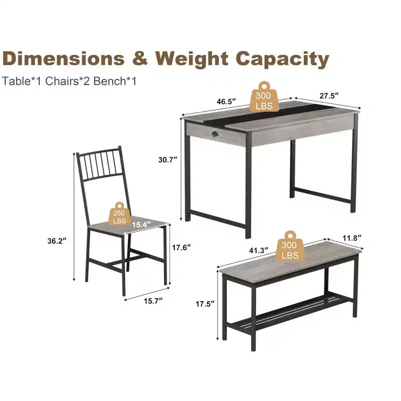 Ensemble Table de Salle à Manger pour 4, Petite Table de Cuisine et 2 Chaises pour 4 avec Banc, Ensemble Table de Cuisine Gain de Place avec Étagère de Rangement et Tiroirs