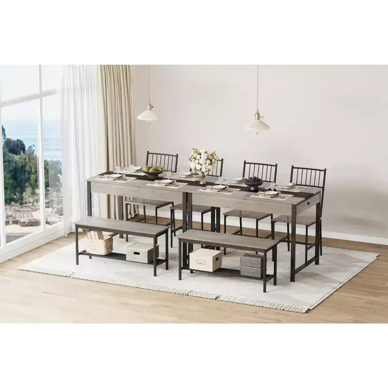 Ensemble Table de Salle à Manger pour 4, Petite Table de Cuisine et 2 Chaises pour 4 avec Banc, Ensemble Table de Cuisine Gain de Place avec Étagère de Rangement et Tiroirs