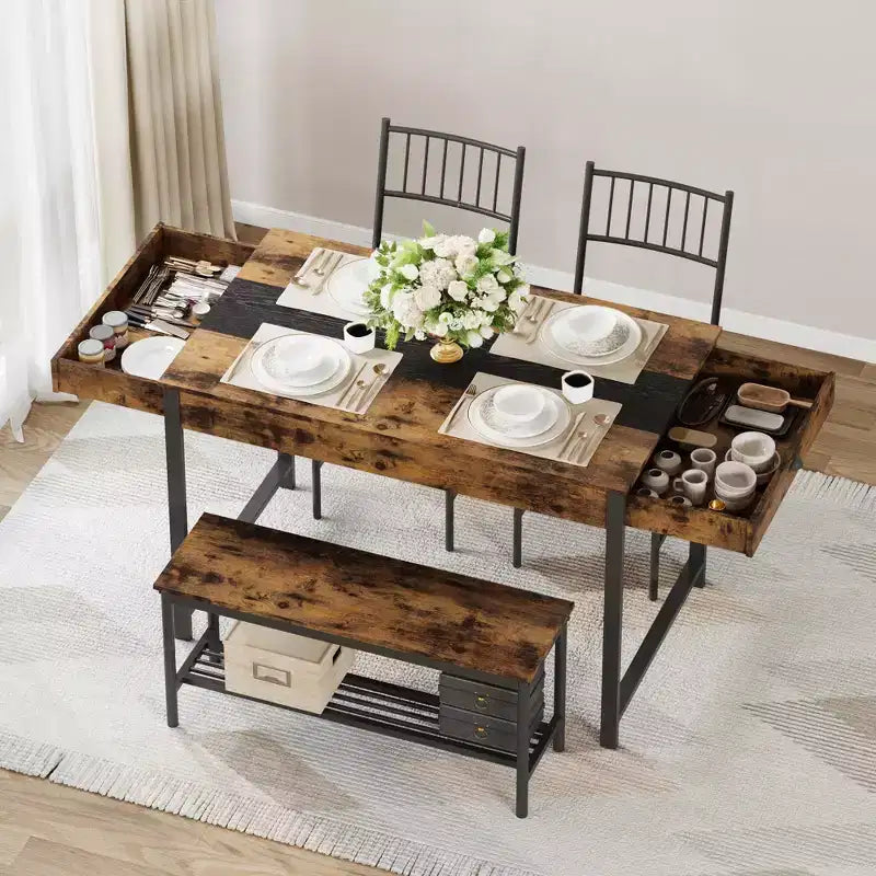 Ensemble Table de Salle à Manger pour 4, Petite Table de Cuisine et 2 Chaises pour 4 avec Banc, Ensemble Table de Cuisine Gain de Place avec Étagère de Rangement et Tiroirs