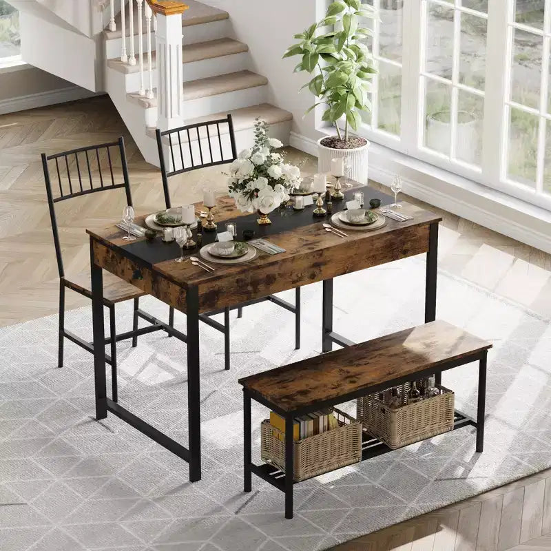Ensemble Table de Salle à Manger pour 4, Petite Table de Cuisine et 2 Chaises pour 4 avec Banc, Ensemble Table de Cuisine Gain de Place avec Étagère de Rangement et Tiroirs