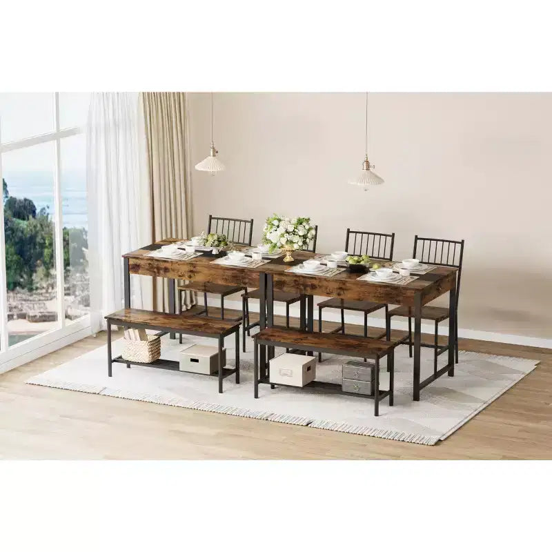 Ensemble Table de Salle à Manger pour 4, Petite Table de Cuisine et 2 Chaises pour 4 avec Banc, Ensemble Table de Cuisine Gain de Place avec Étagère de Rangement et Tiroirs