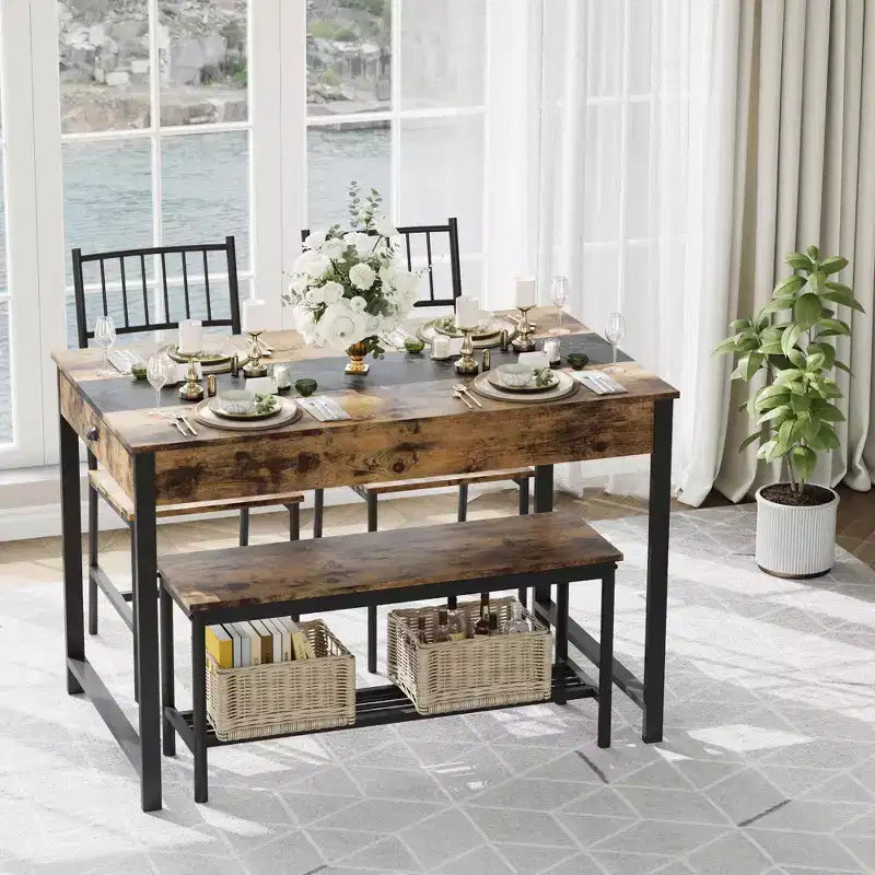 Ensemble Table de Salle à Manger pour 4, Petite Table de Cuisine et 2 Chaises pour 4 avec Banc, Ensemble Table de Cuisine Gain de Place avec Étagère de Rangement et Tiroirs