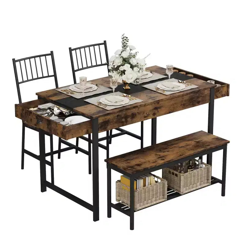 Ensemble Table de Salle à Manger pour 4, Petite Table de Cuisine et 2 Chaises pour 4 avec Banc, Ensemble Table de Cuisine Gain de Place avec Étagère de Rangement et Tiroirs
