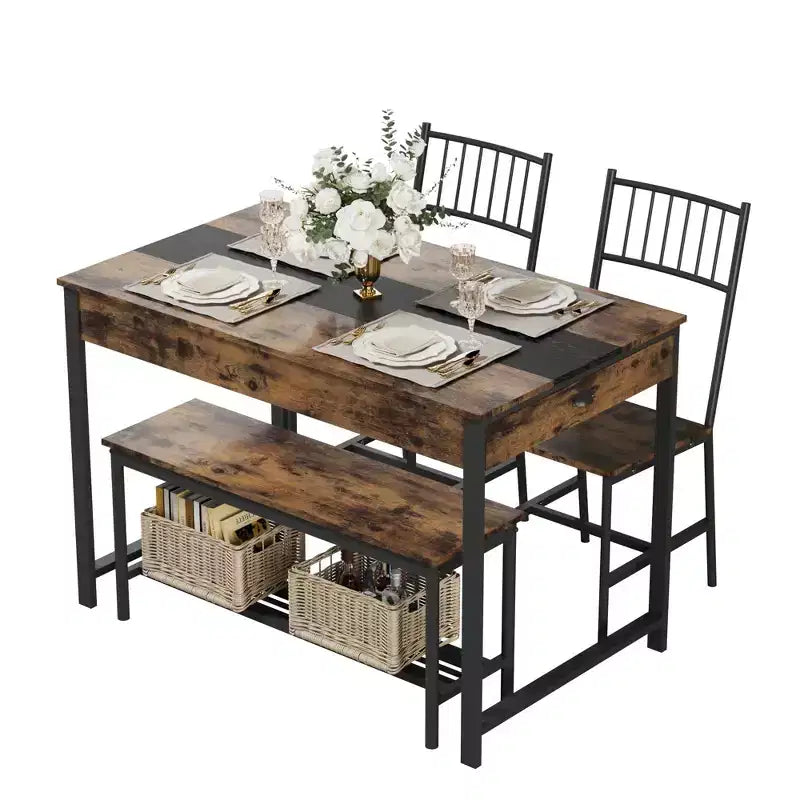 Ensemble Table de Salle à Manger pour 4, Petite Table de Cuisine et 2 Chaises pour 4 avec Banc, Ensemble Table de Cuisine Gain de Place avec Étagère de Rangement et Tiroirs