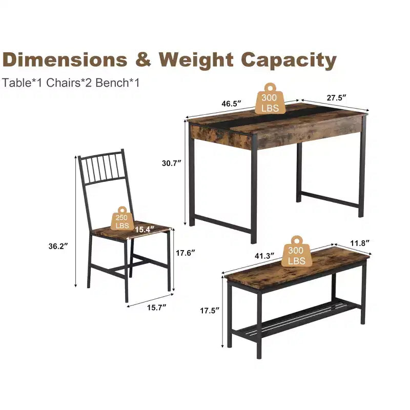 Ensemble Table de Salle à Manger pour 4, Petite Table de Cuisine et 2 Chaises pour 4 avec Banc, Ensemble Table de Cuisine Gain de Place avec Étagère de Rangement et Tiroirs
