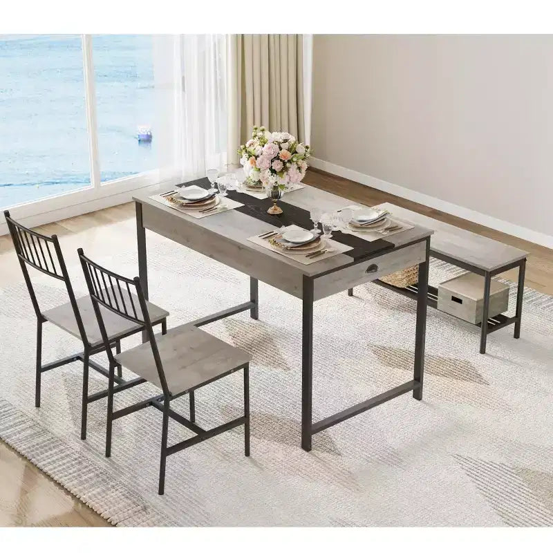 Ensemble Table de Salle à Manger pour 4, Petite Table de Cuisine et 2 Chaises pour 4 avec Banc, Ensemble Table de Cuisine Gain de Place avec Étagère de Rangement et Tiroirs