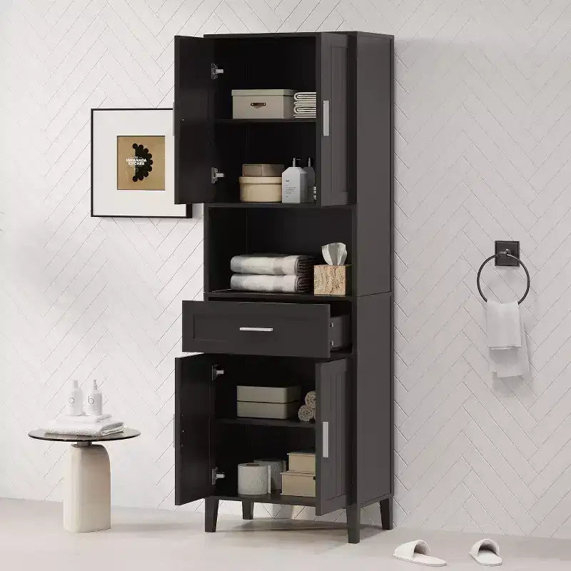 Meuble de salle de bain haut sur pied avec portes et tiroirs/étagères, meuble de rangement au sol pour salle de bain, cuisine