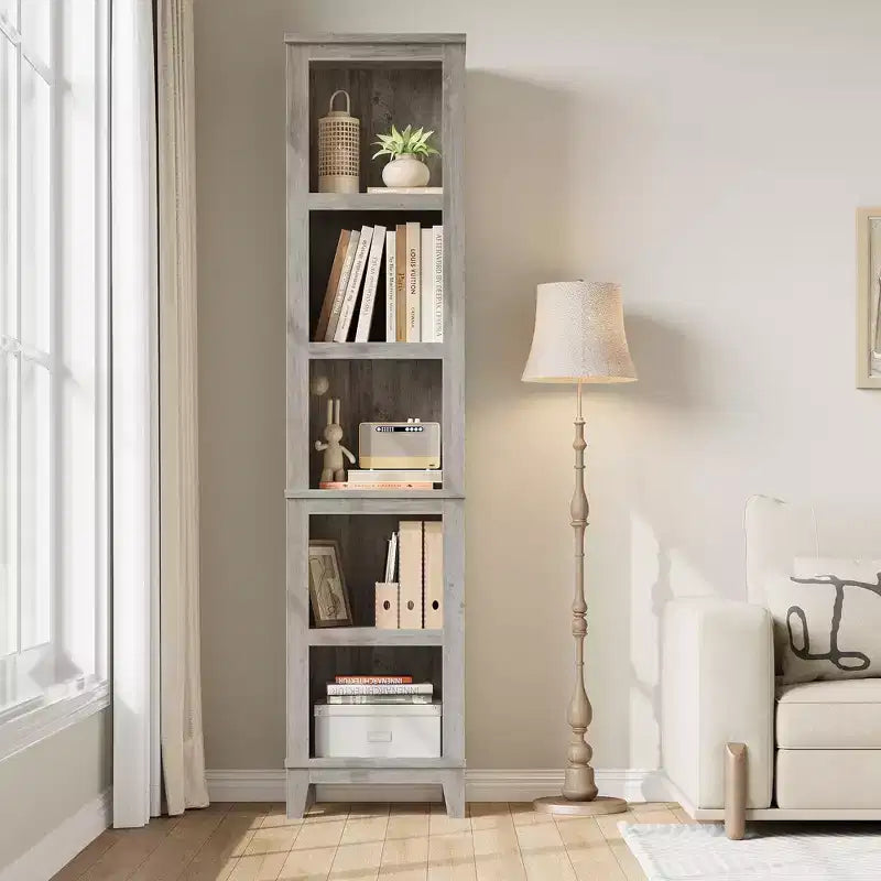 Bibliothèque Étroite 5 Niveaux Étagère de Ferme Bibliothèques en Bois Étagère Rustique Vintage Chêne pour Bureau à Domicile, Salon, Chambre à Coucher, Gris