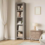 Bibliothèque Étroite 5 Niveaux Étagère de Ferme Bibliothèques en Bois Étagère Rustique Vintage Chêne pour Bureau à Domicile, Salon, Chambre à Coucher, Gris