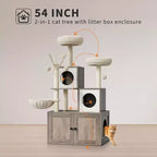 Arbre à chat avec niche pour litière, tour à chat moderne 2-en-1 avec hamac et poteaux à griffer