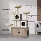 Arbre à chat avec niche pour litière, tour à chat moderne 2-en-1 avec hamac et poteaux à griffer