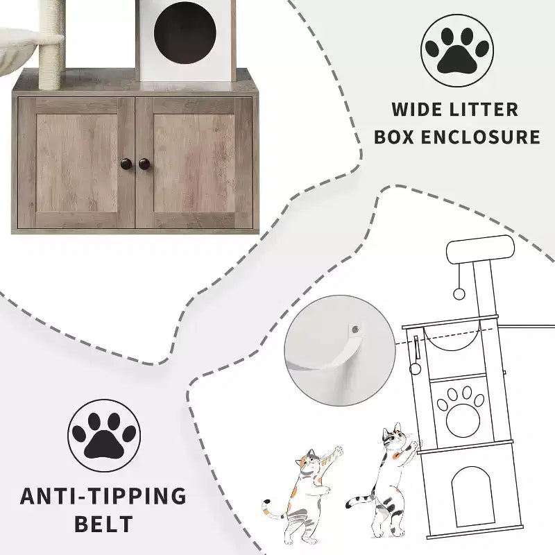 Arbre à chat avec niche pour litière, tour à chat moderne 2-en-1 avec hamac et poteaux à griffer