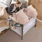 JOYMOR Berceau double pour bébé, berceau chevet beige, convertible en cododo et parc, avec roues, freins, cododo pliable, beige