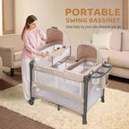 JOYMOR Berceau double pour bébé, berceau chevet beige, convertible en cododo et parc, avec roues, freins, cododo pliable, beige