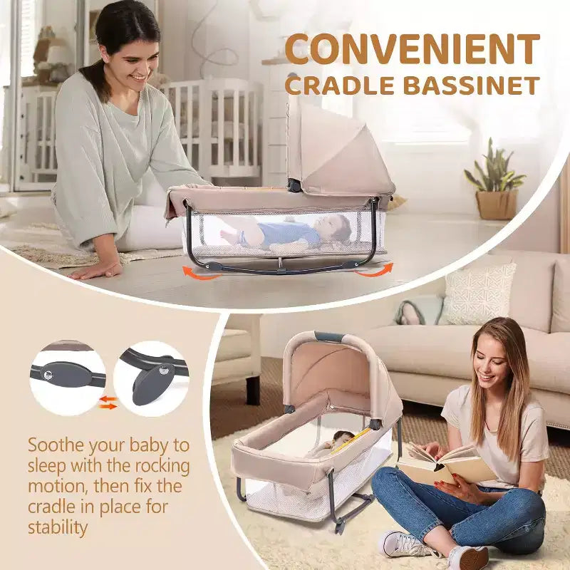 JOYMOR Berceau double pour bébé, berceau chevet beige, convertible en cododo et parc, avec roues, freins, cododo pliable, beige