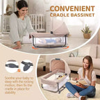 JOYMOR Berceau double pour bébé, berceau chevet beige, convertible en cododo et parc, avec roues, freins, cododo pliable, beige