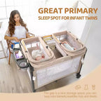 JOYMOR Berceau double pour bébé, berceau chevet beige, convertible en cododo et parc, avec roues, freins, cododo pliable, beige