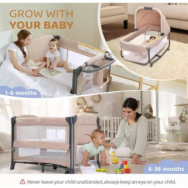 JOYMOR Berceau double pour bébé, berceau chevet beige, convertible en cododo et parc, avec roues, freins, cododo pliable, beige