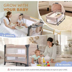 JOYMOR Berceau double pour bébé, berceau chevet beige, convertible en cododo et parc, avec roues, freins, cododo pliable, beige