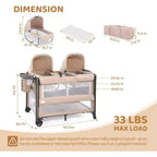 JOYMOR Berceau double pour bébé, berceau chevet beige, convertible en cododo et parc, avec roues, freins, cododo pliable, beige