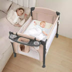 JOYMOR Berceau double pour bébé, berceau chevet beige, convertible en cododo et parc, avec roues, freins, cododo pliable, beige
