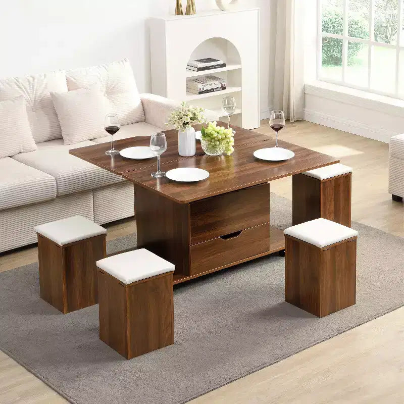 Table basse relevable moderne et fonctionnelle avec rangement caché et tabourets, ensemble de table basse élégant pour salon, bureau