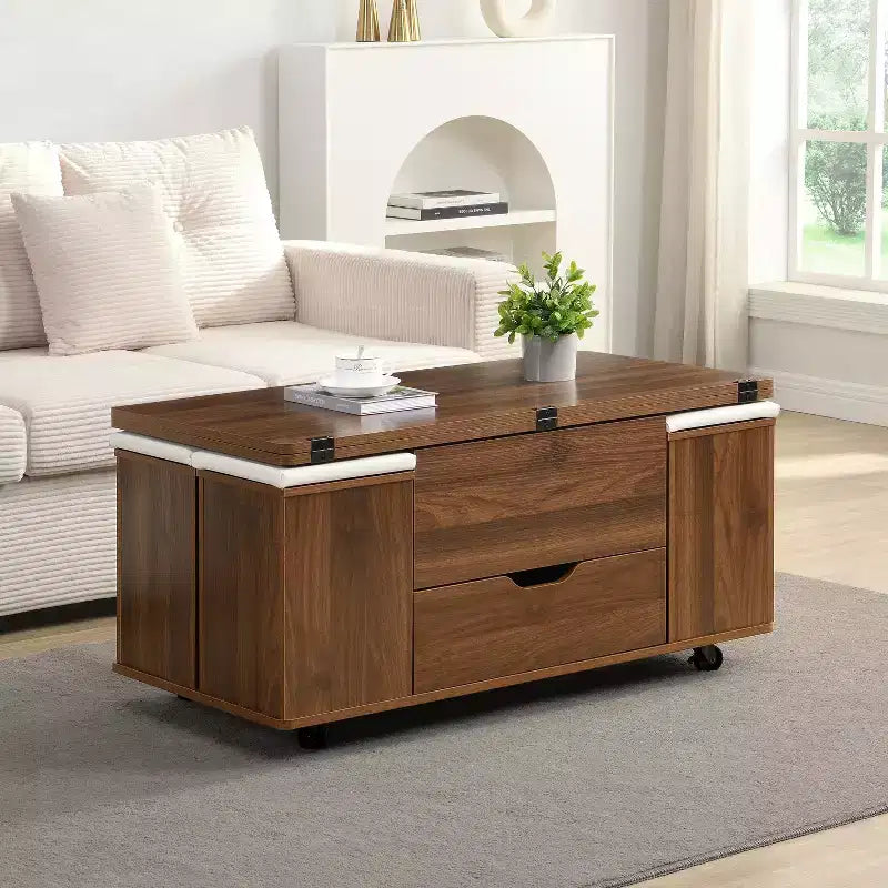 Table basse relevable moderne et fonctionnelle avec rangement caché et tabourets, ensemble de table basse élégant pour salon, bureau