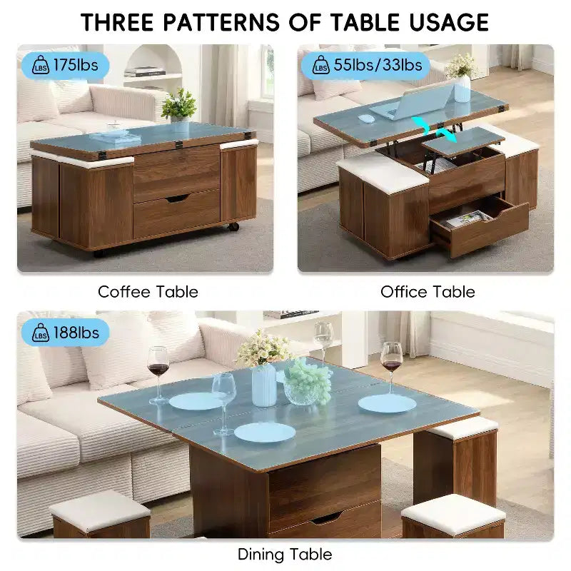 Table basse relevable moderne et fonctionnelle avec rangement caché et tabourets, ensemble de table basse élégant pour salon, bureau