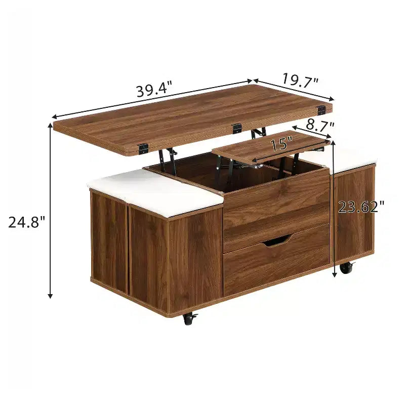 Table basse relevable moderne et fonctionnelle avec rangement caché et tabourets, ensemble de table basse élégant pour salon, bureau