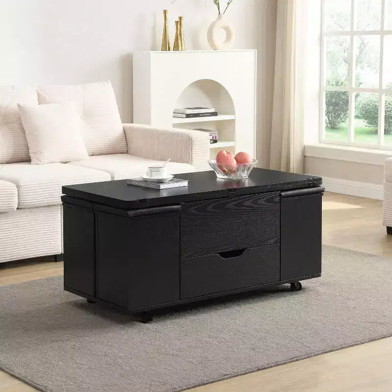 Table basse relevable moderne et fonctionnelle avec rangement caché et tabourets, ensemble de table basse élégant pour salon, bureau