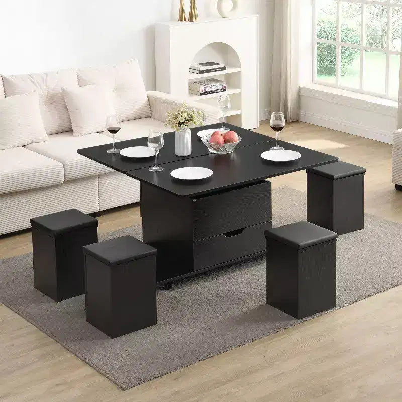 Table basse relevable moderne et fonctionnelle avec rangement caché et tabourets, ensemble de table basse élégant pour salon, bureau