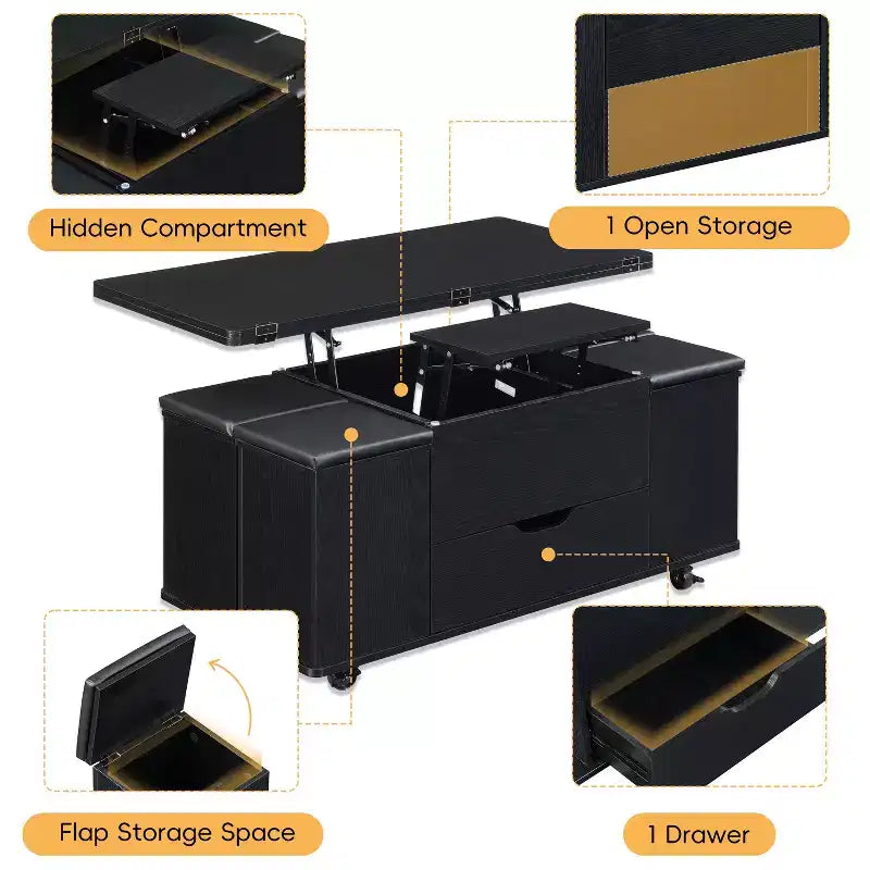 Table basse relevable moderne et fonctionnelle avec rangement caché et tabourets, ensemble de table basse élégant pour salon, bureau