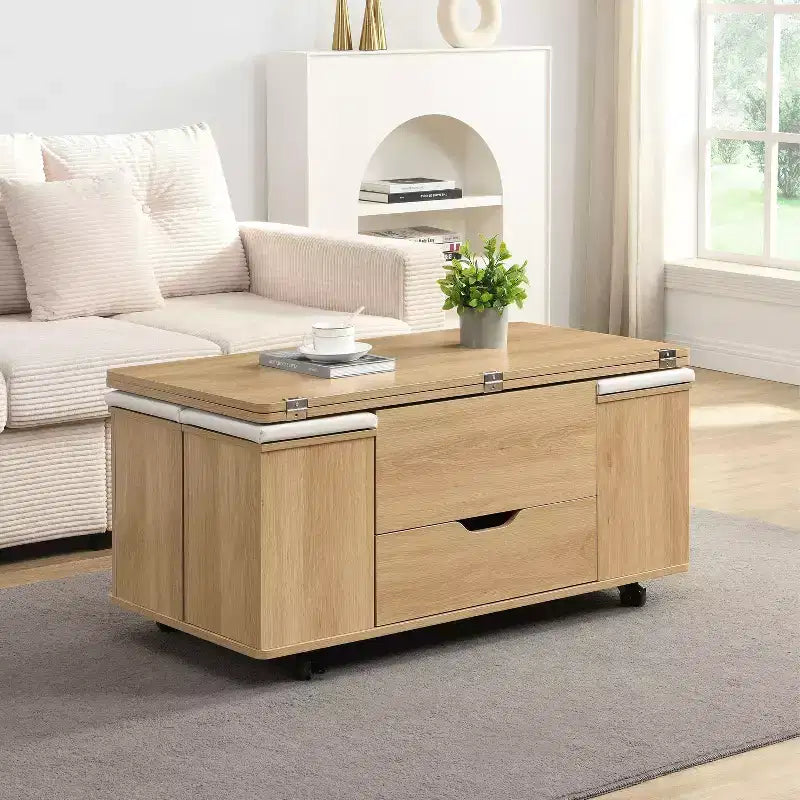 Table basse relevable moderne et fonctionnelle avec rangement caché et tabourets, ensemble de table basse élégant pour salon, bureau