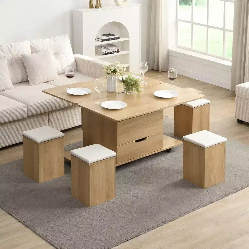 Table basse relevable moderne et fonctionnelle avec rangement caché et tabourets, ensemble de table basse élégant pour salon, bureau