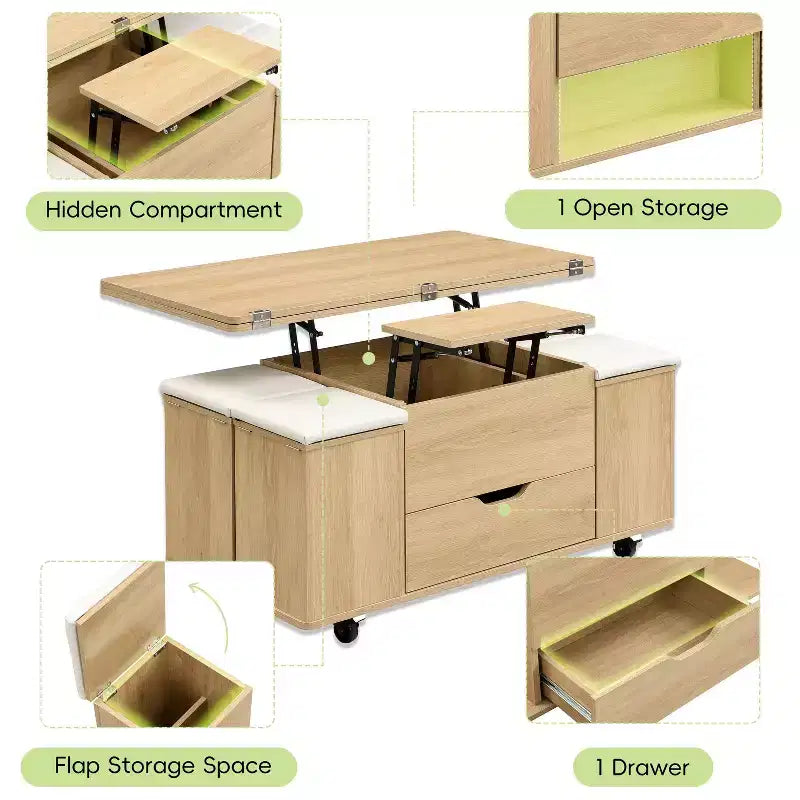 Table basse relevable moderne et fonctionnelle avec rangement caché et tabourets, ensemble de table basse élégant pour salon, bureau