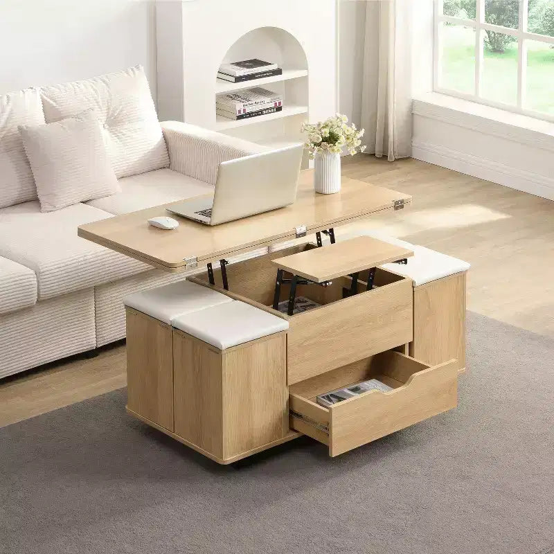 Table basse relevable moderne et fonctionnelle avec rangement caché et tabourets, ensemble de table basse élégant pour salon, bureau