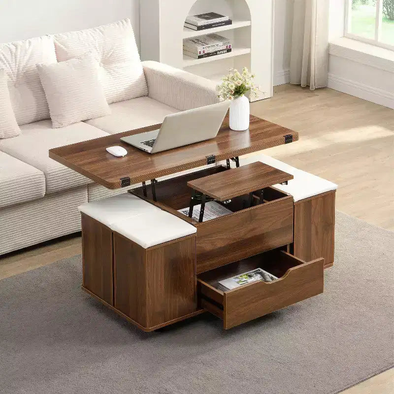 Table basse relevable moderne et fonctionnelle avec rangement caché et tabourets, ensemble de table basse élégant pour salon, bureau