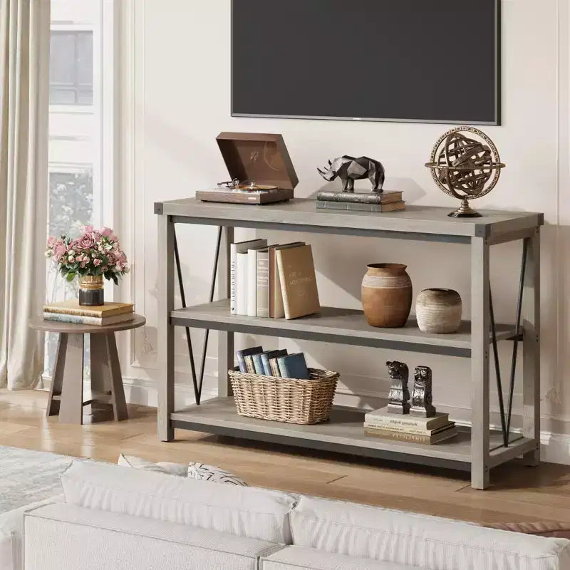 Console d'entrée, Console rustique avec grand espace de rangement, Console industrielle pour entrée avec 3 étagères ouvertes, Tables d'entrée pour salon