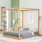 Canopy Bed Wood 4 Poster Panel Beds, Floor Bed Frame with Solid Wood Slat Support